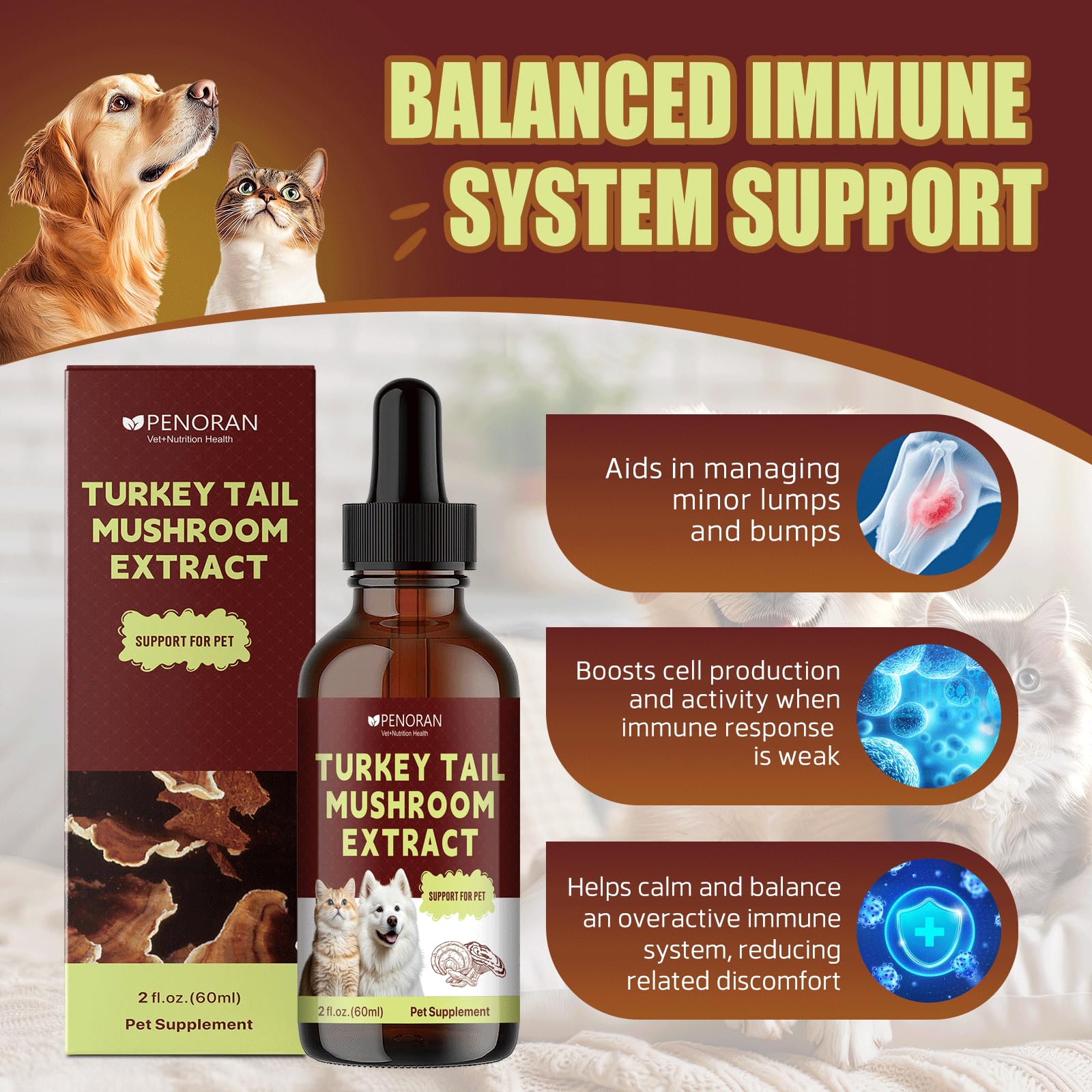 Penoran Turkey Tail Drops beside pet food bowl for easy daily integration.