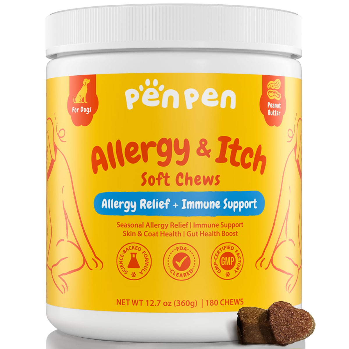 PENPENPET allergy chews bottle 180ct supports allergy relief and skin health.