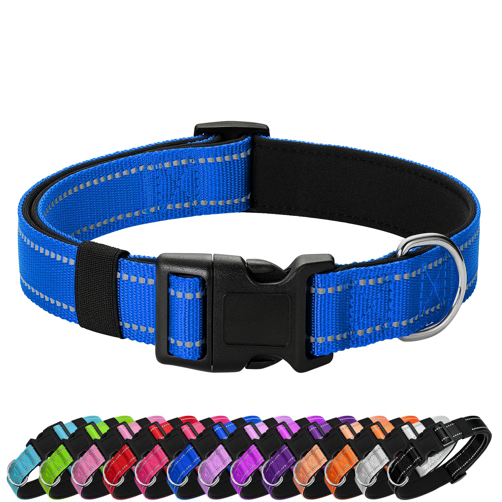 penseepet reflective dog collar blue closeup for night safety and visibility