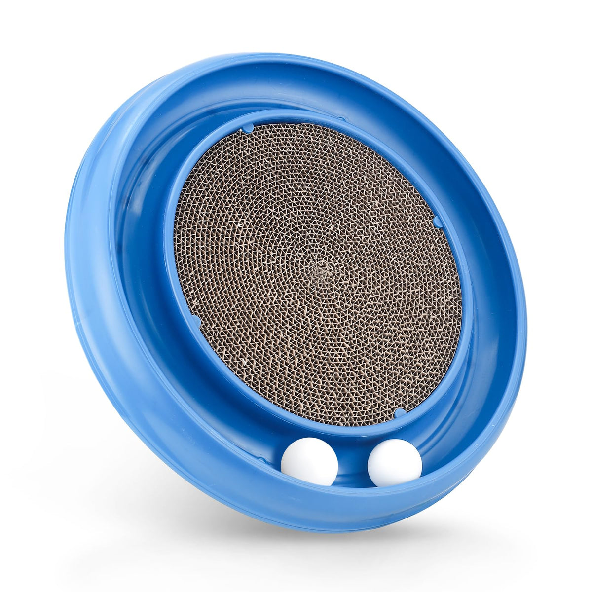 Peomliee cat scratching board ball track in blue encourages interactive play and swift chase.