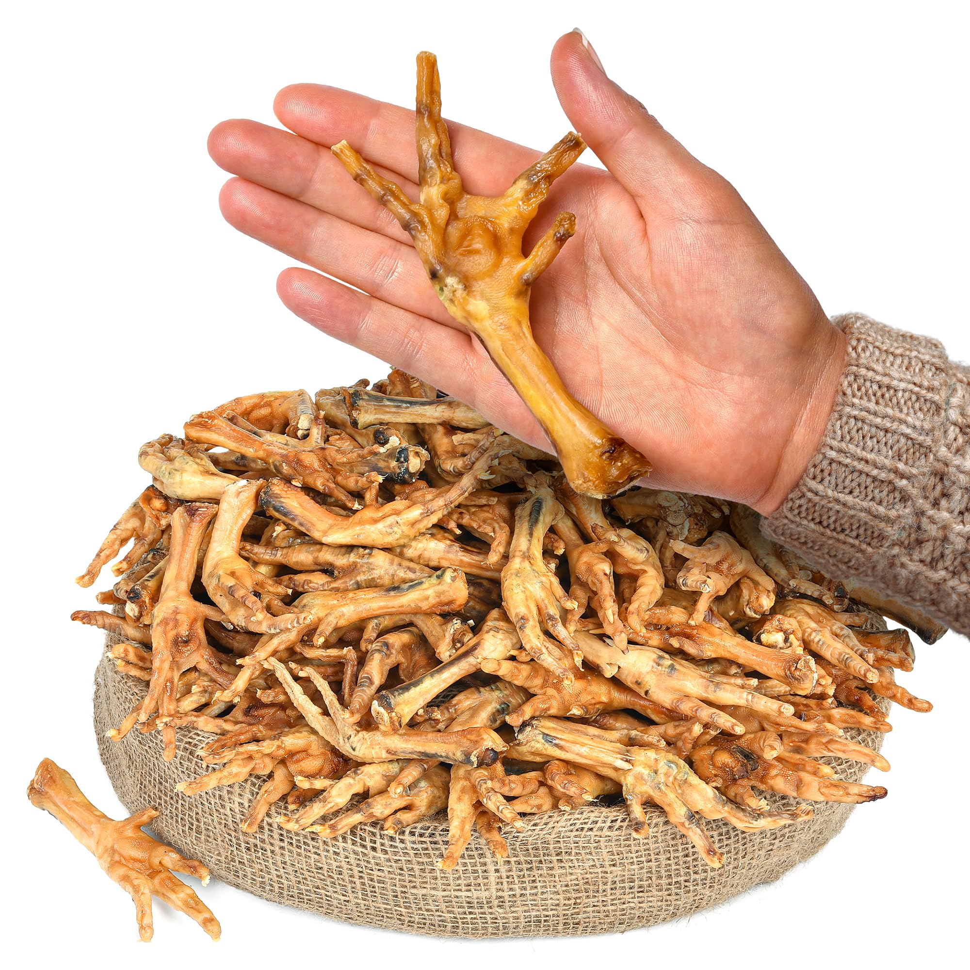 Peppy Dog packaging shows 100% natural ingredients in chicken feet treats.