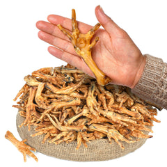 Peppy Dog packaging shows 100% natural ingredients in chicken feet treats.