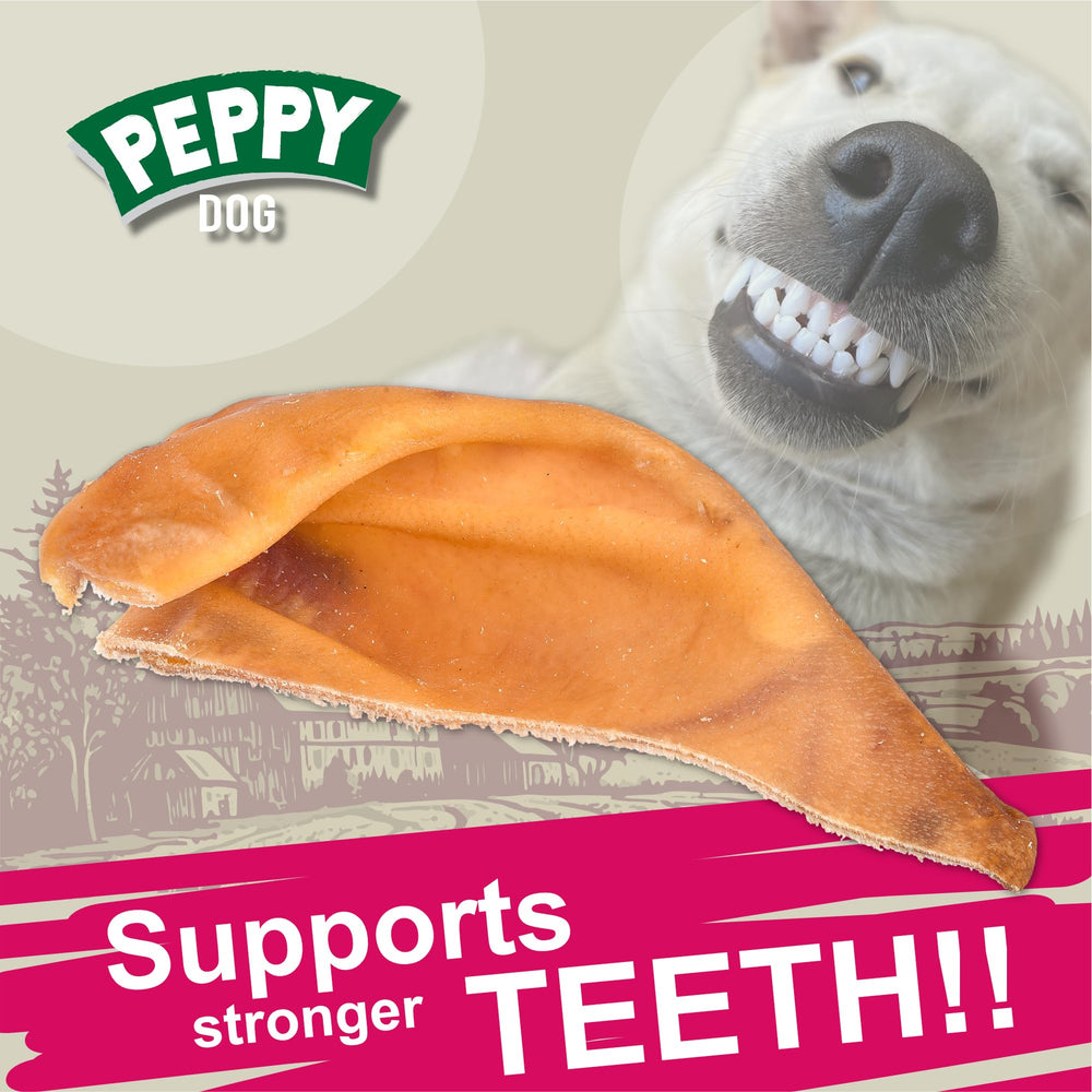 Peppy Dog Half Pig Ears packaging on display, free from artificial preservatives