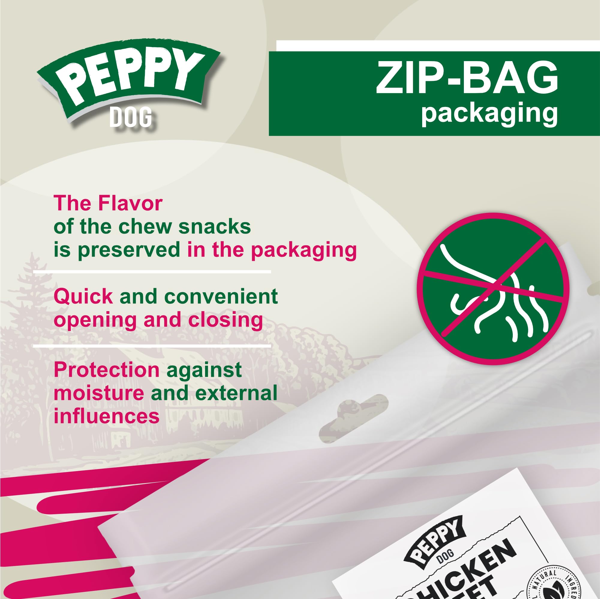PEPPY DOG pig snouts dental benefits through texture and chewing action.