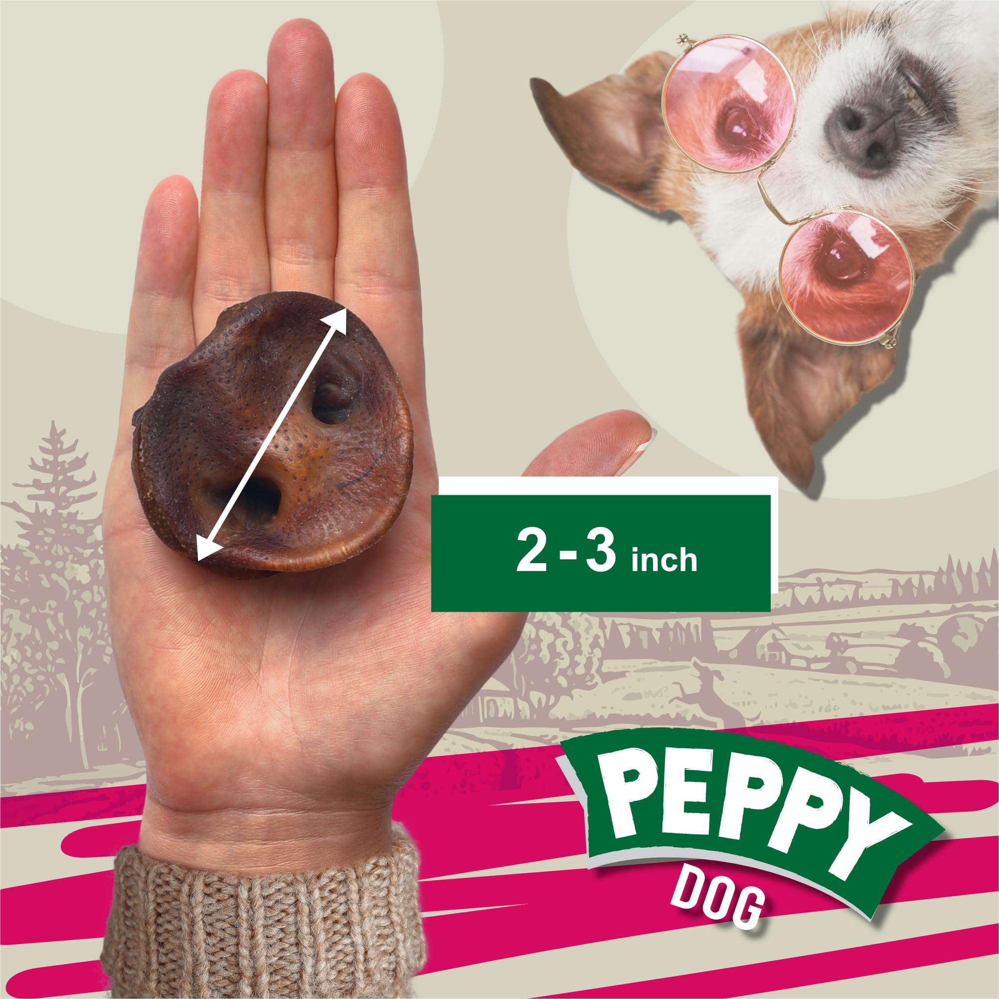 PEPPY DOG pig snouts natural ingredients close-up showing texture and chew appeal.
