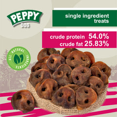 PEPPY DOG pig snouts packaging label highlighting natural single-ingredient treats.