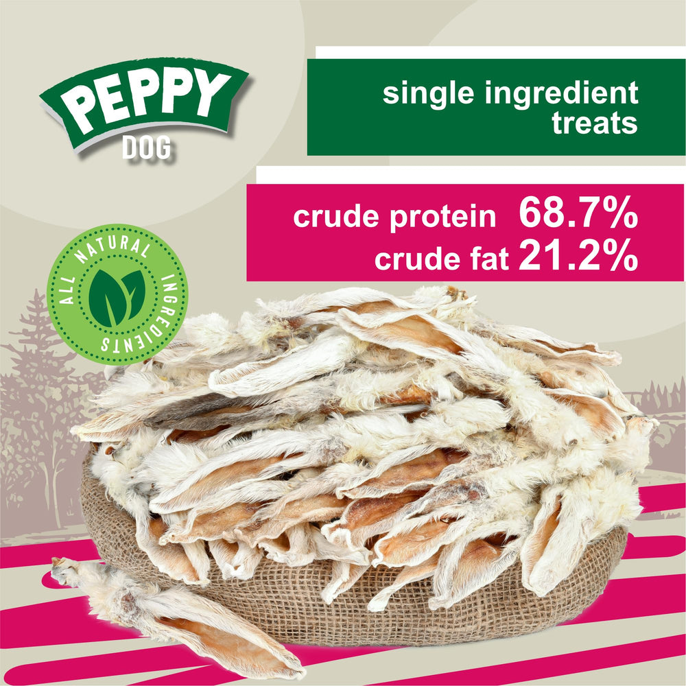 PEPPY DOG rabbit ears with fur bag-front view highlights convenient single-ingredient, natural snack for dogs.