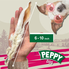 PEPPY DOG rabbit ears with fur close-up reveals crunchy texture for a long-lasting chew.