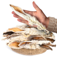 Peppy Dog rabbit ears with fur treats pack front highlighting all-natural ingredients for dogs.