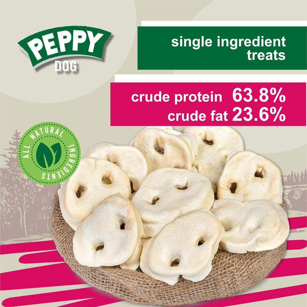 Peppy Dog White Pig Snouts dog chewing image highlights single-ingredient, high-protein snack