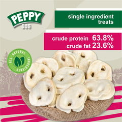 Peppy Dog White Pig Snouts dog chewing image highlights single-ingredient, high-protein snack