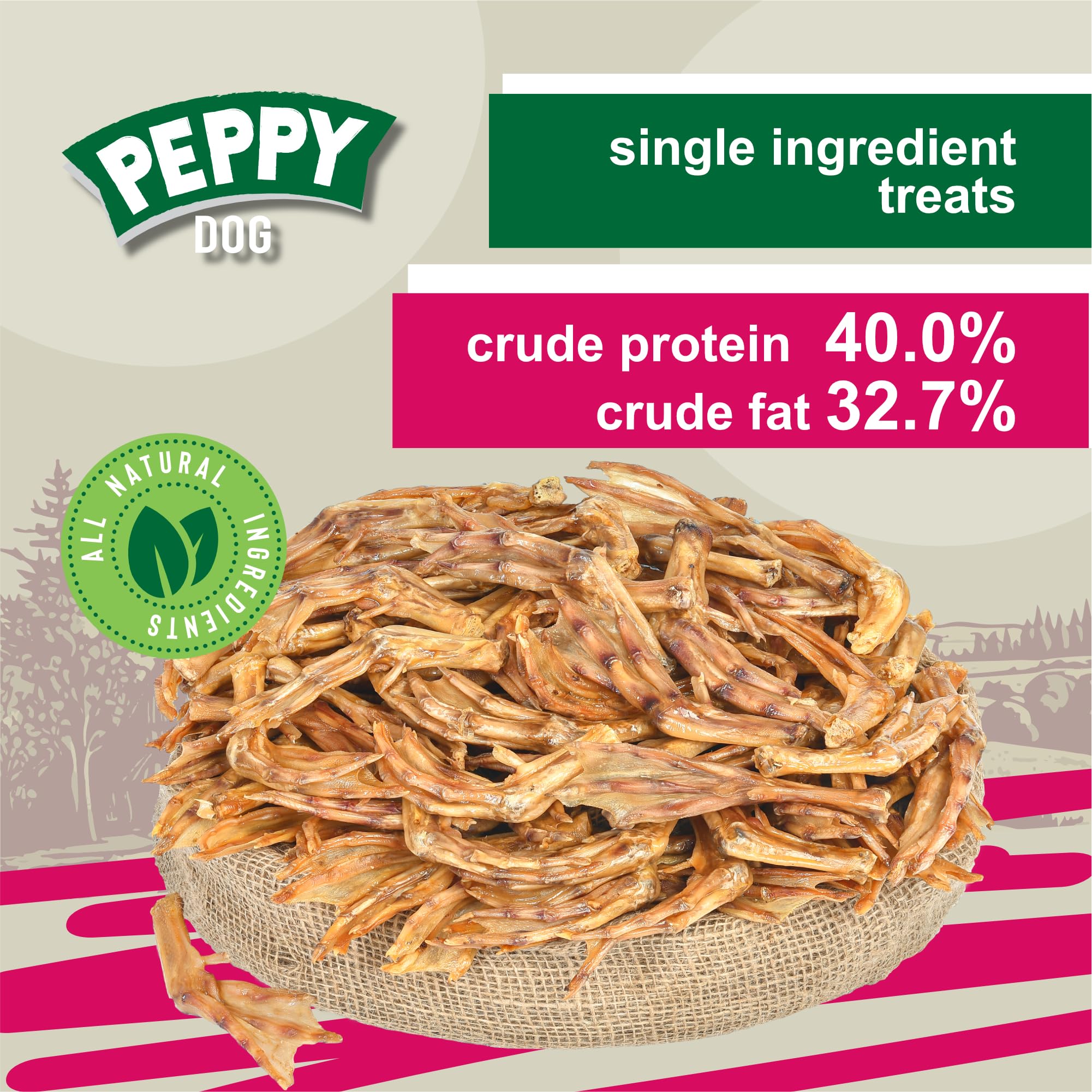 PEPPY DOG duck feet ingredient label spotlights glucosamine and chondroitin for potential joint support.