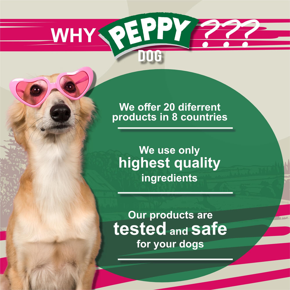 PEPPY DOG treat-time shot conveys happy dogs enjoying a chewy snack.