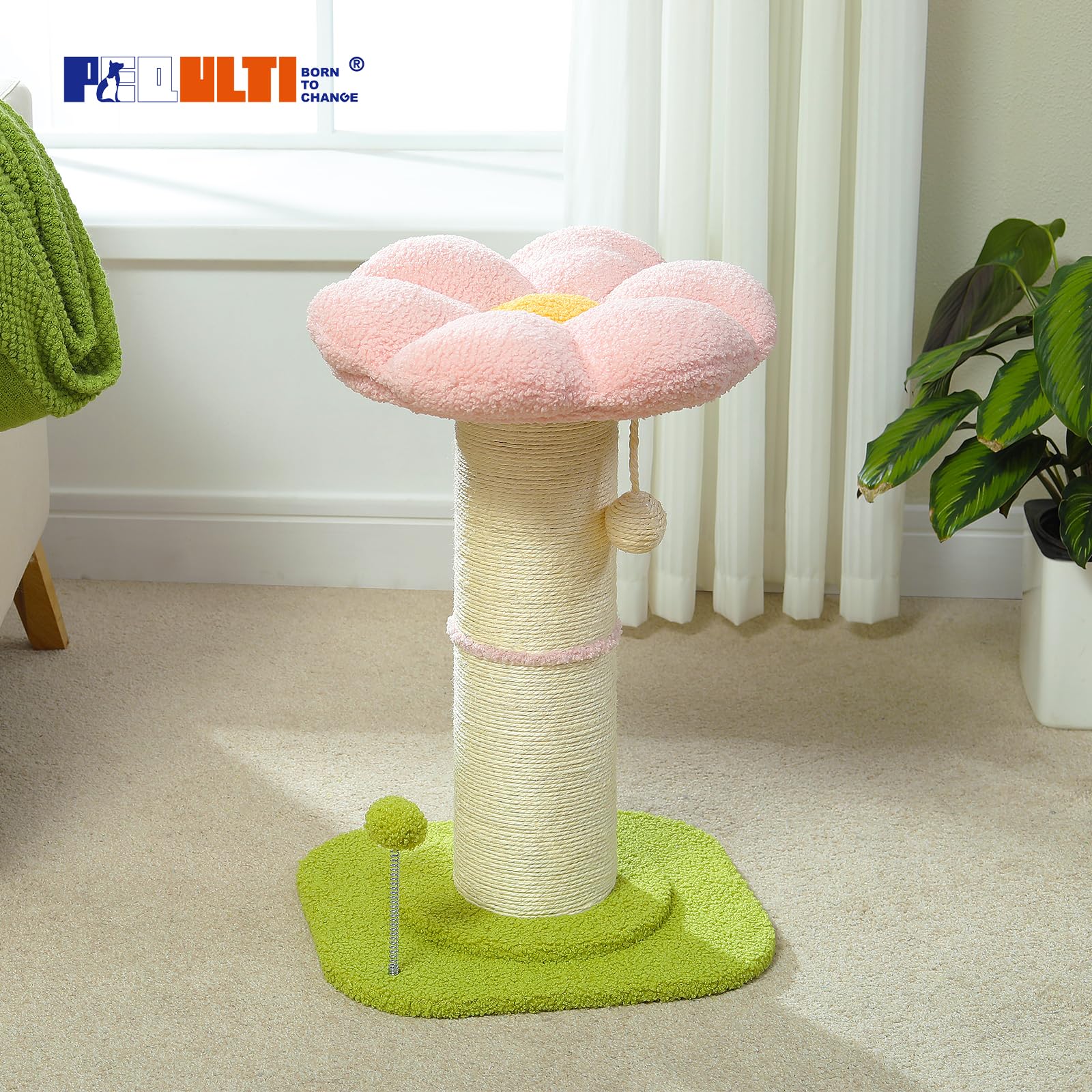 PEQULTI pink cat scratcher fits indoor spaces with playful flower motif