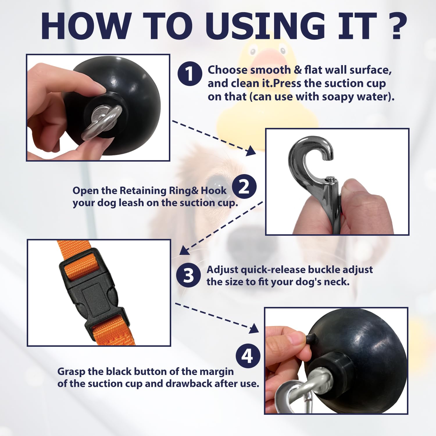 Periflowin dog bath tether on tile surfaces holds pet securely.
