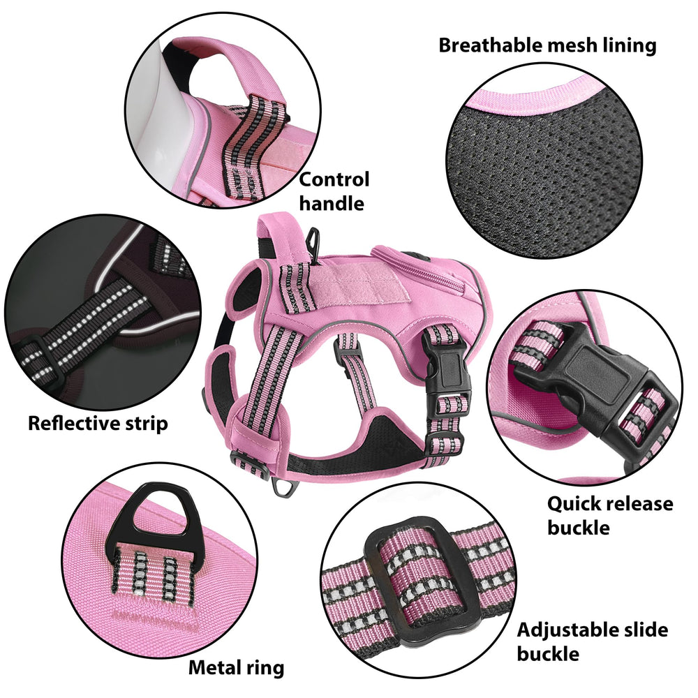Periflowin heavy-duty tactical harness pink M front-clip close-up supports no-pull training.