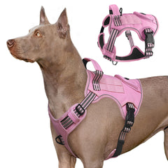 Periflowin heavy-duty tactical dog harness pink M on dog for rugged outdoor adventures.
