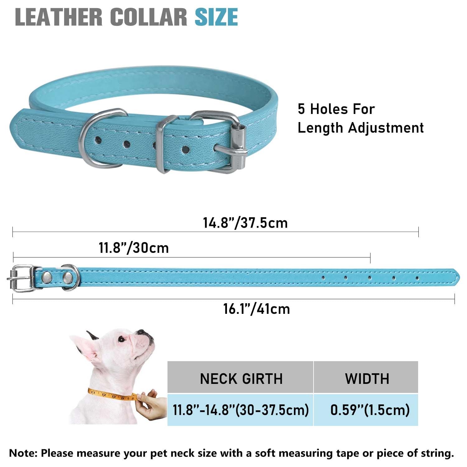 Periflowin puppy collar adjustable strap demonstrates five-hole size range for growing puppies.
