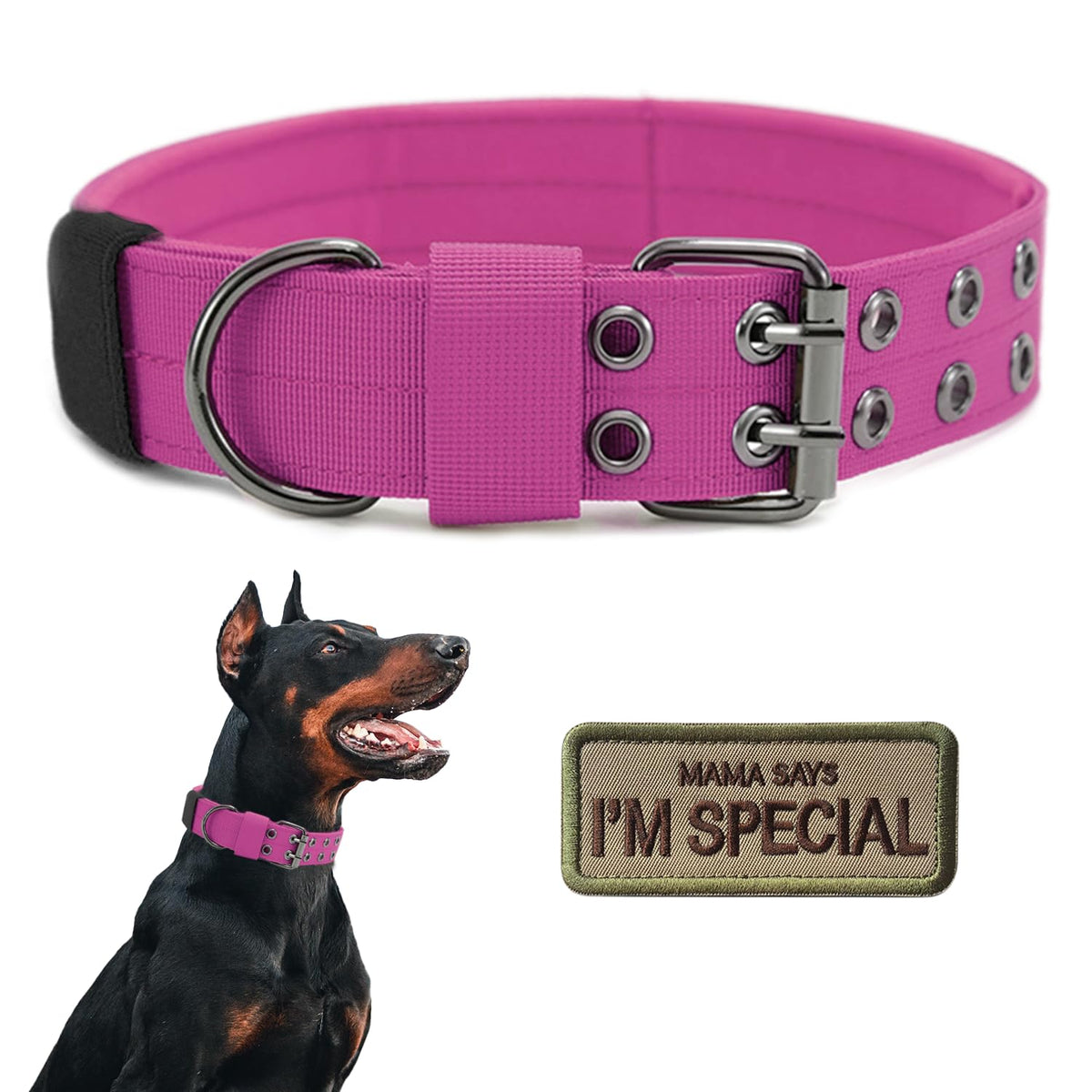 Periflowin tactical dog collar pink close-up shows padded comfort and durability