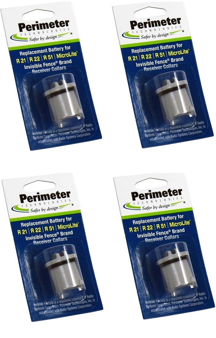 Perimeter Technologies four-pack batteries in packaging for cost-efficient replacement on invisible fence collars.