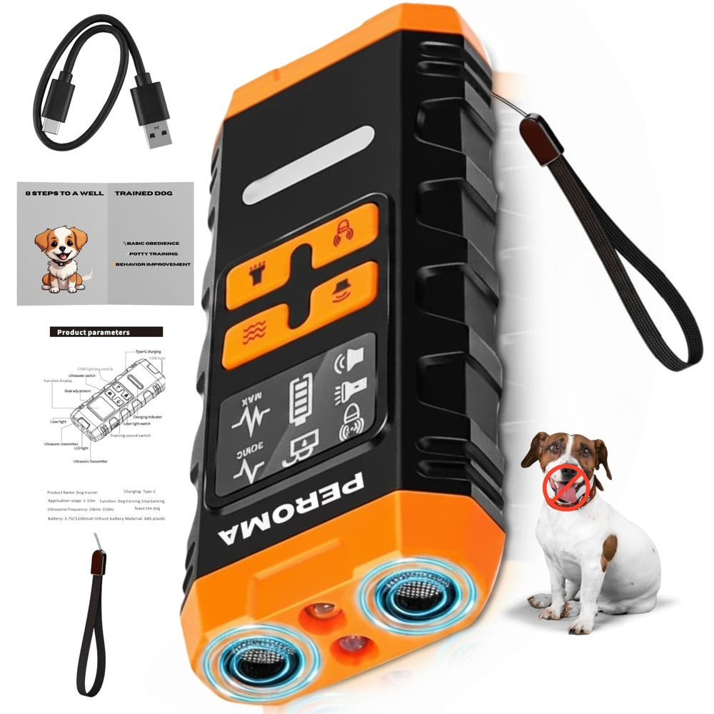 PEROMA dog bark deterrent device front view highlights compact, humane design for indoor use.