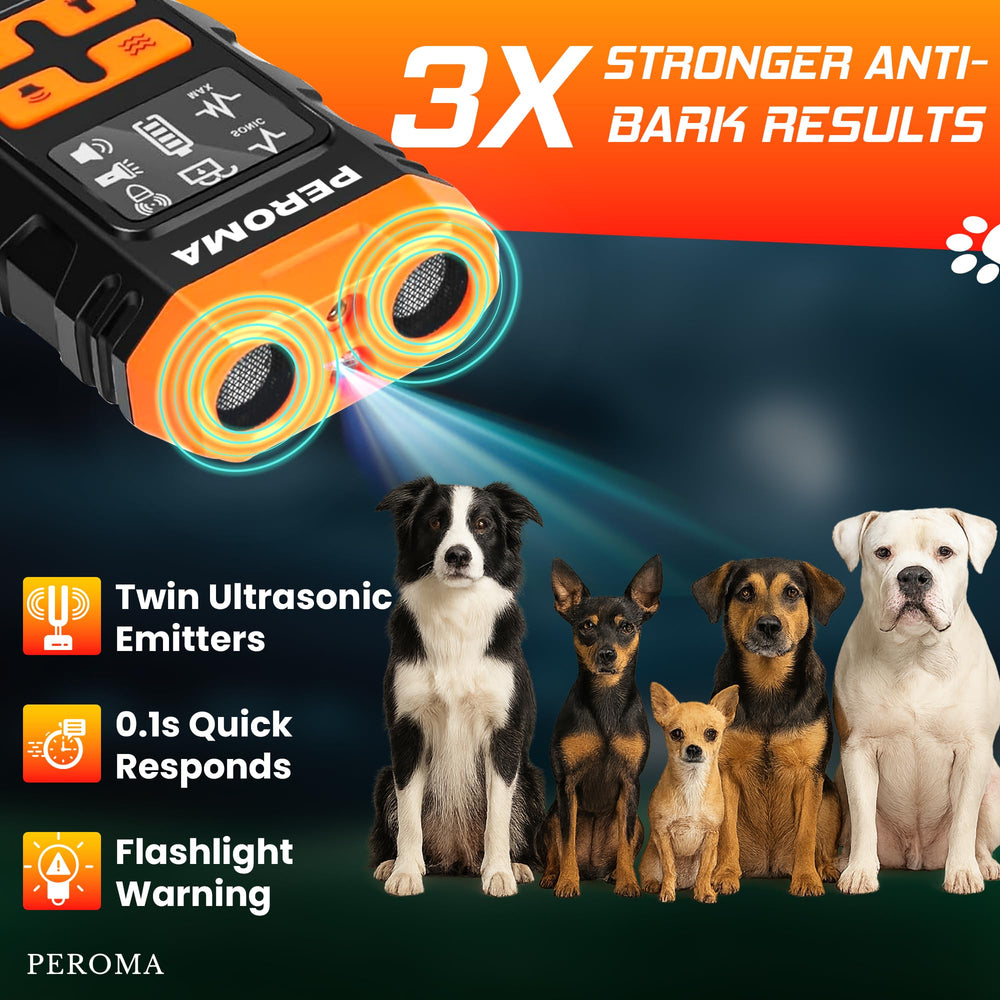 PEROMA dog bark deterrent device indoor outdoor use shows versatile placement.