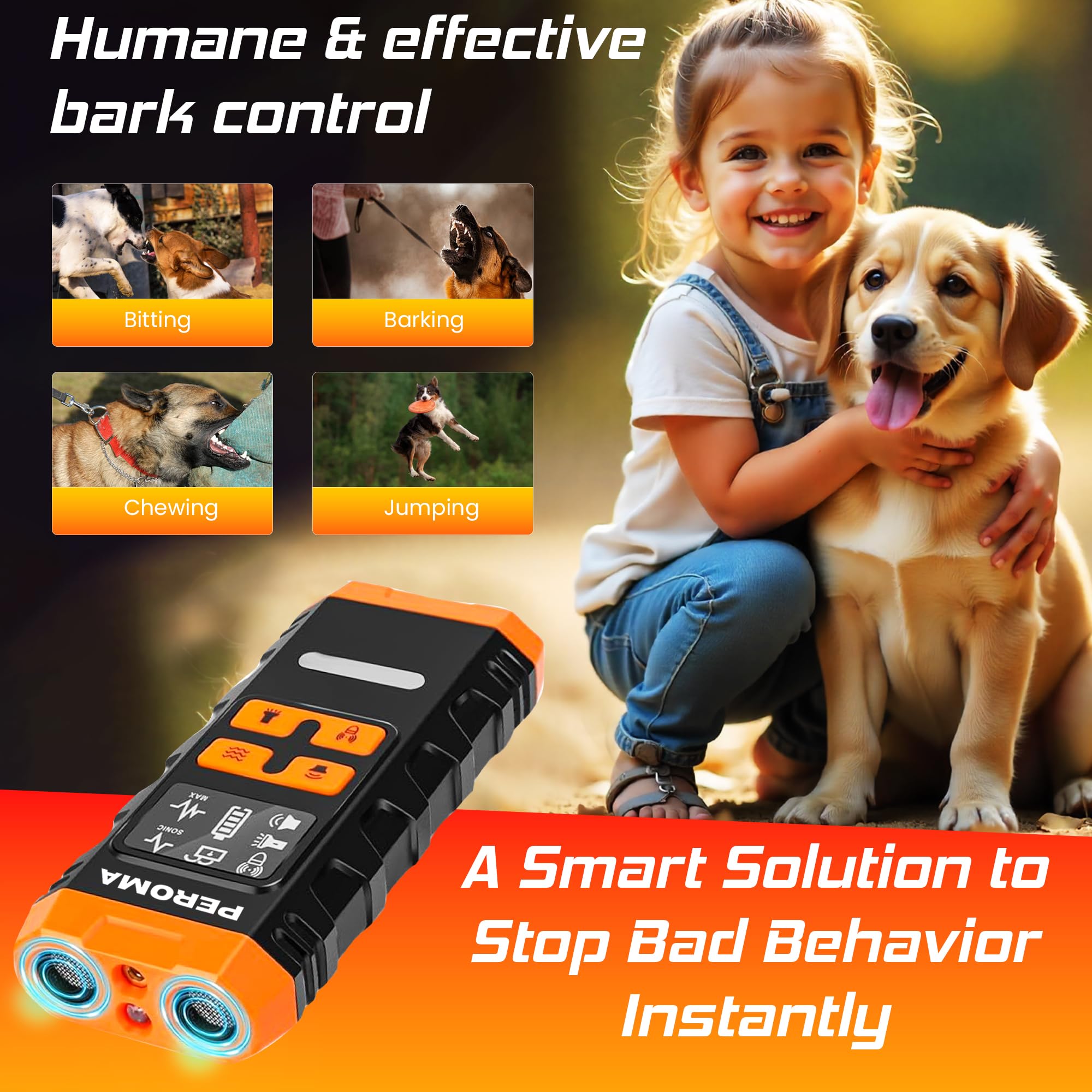 PEROMA dog bark deterrent device training modes panel reveals adjustable 5-mode control for tailored training.