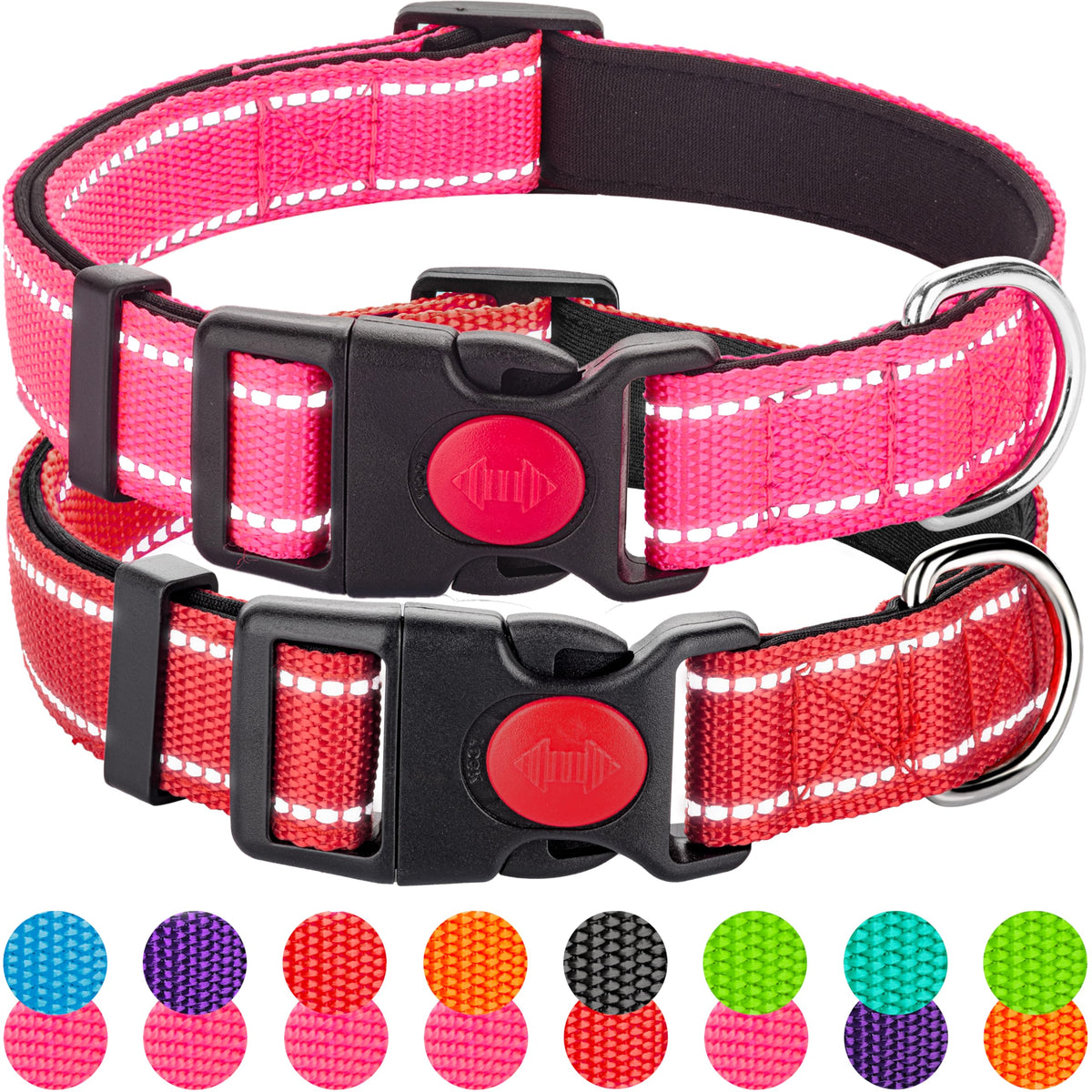 Perperqer reflective dog collar pink closeup shows soft padding for neck comfort