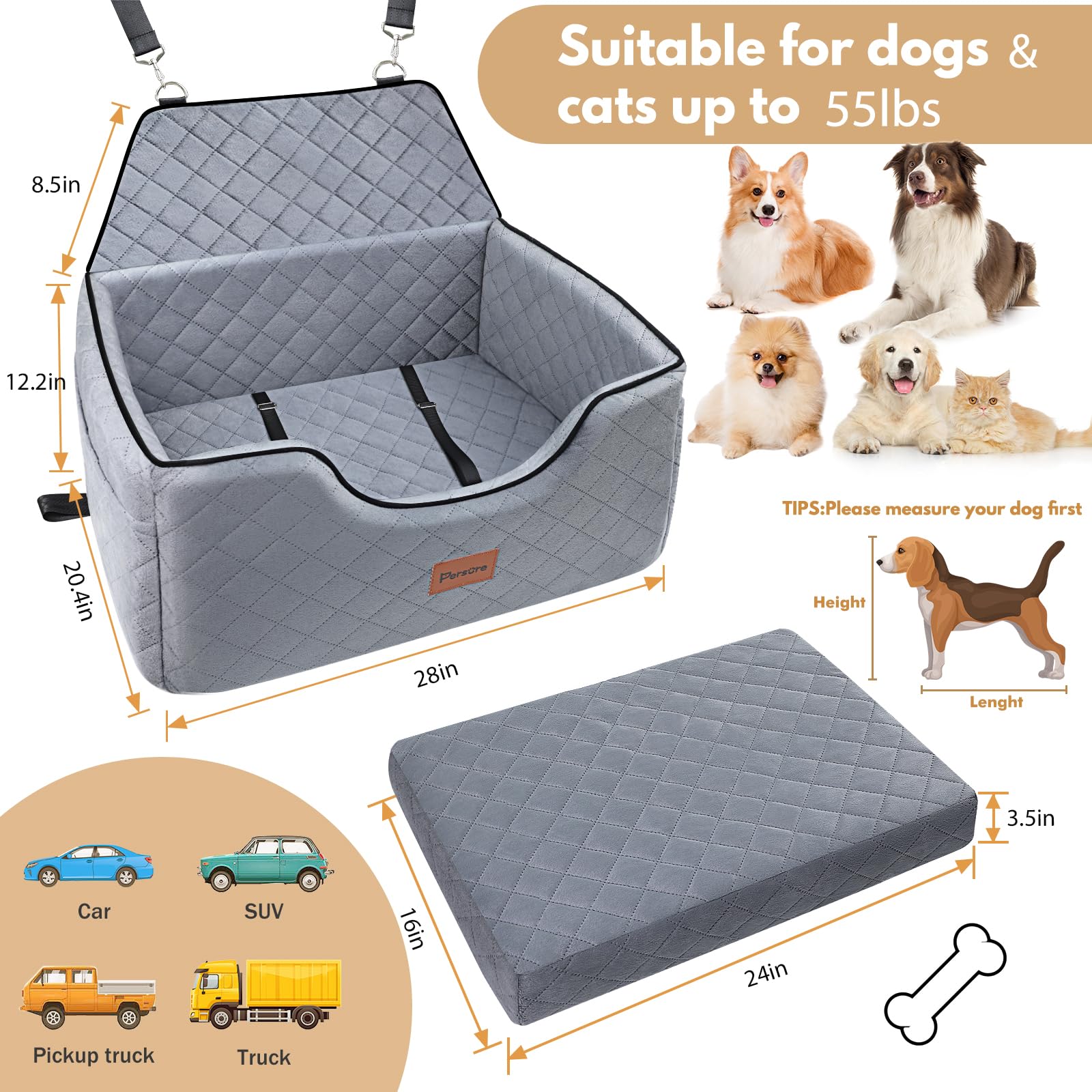 Persure dog car seat installation view demonstrates quick setup with belt-through anchors