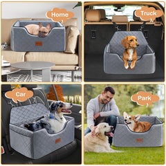 Persure dog car seat side view highlighting sturdy straps and non-slip fabric for safe rides