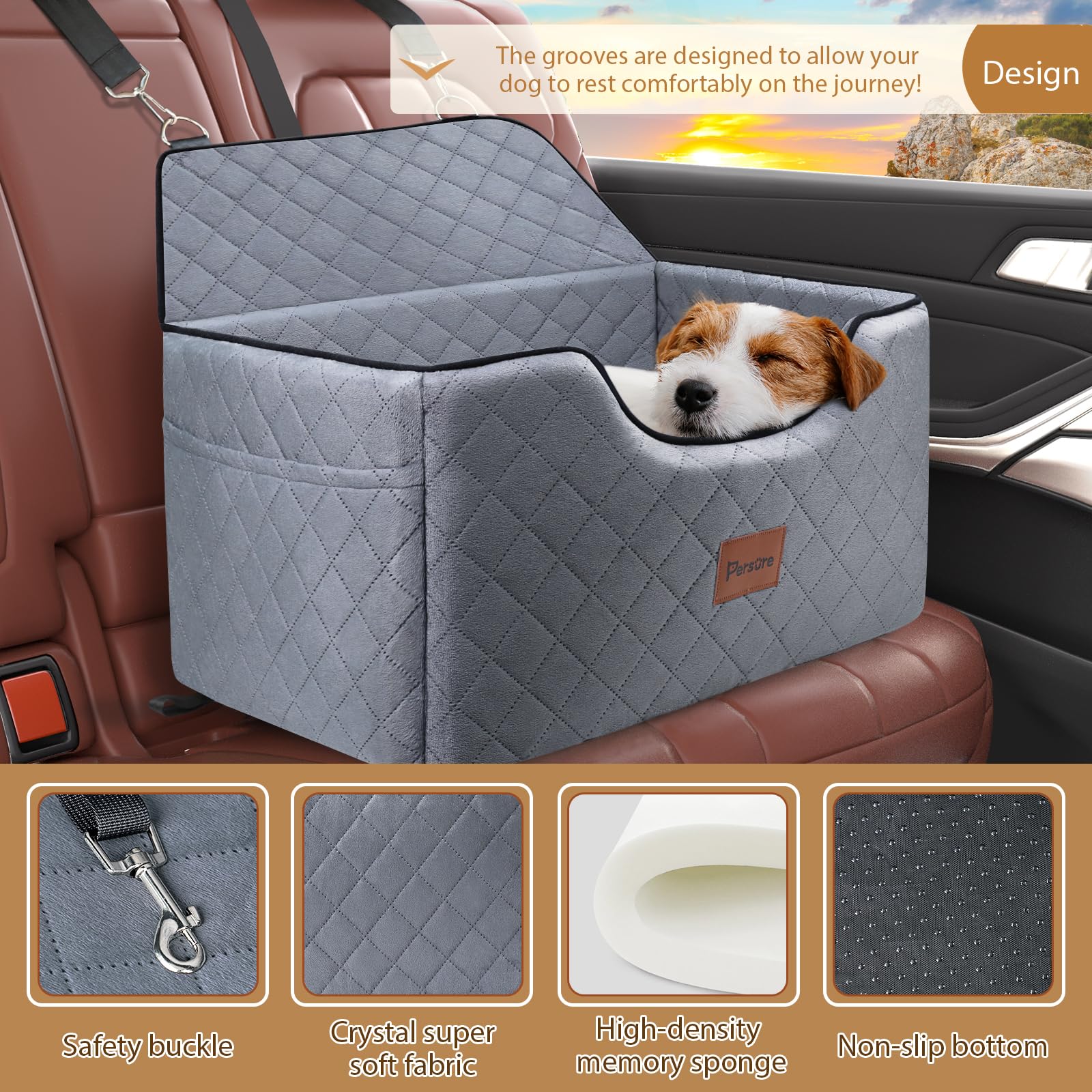 Persure dog car seat storage pockets view shows organized space for toys and supplies