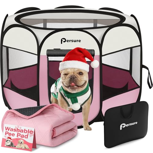 Persure dog cat playpen pink folded setup shows portable travel-ready design