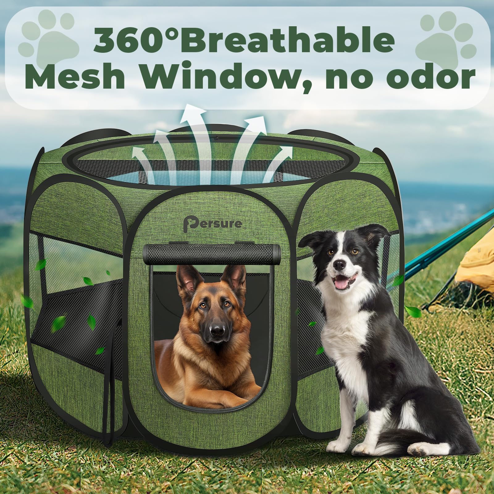 Persure dog playpen folded with carrier bag for travel convenience.