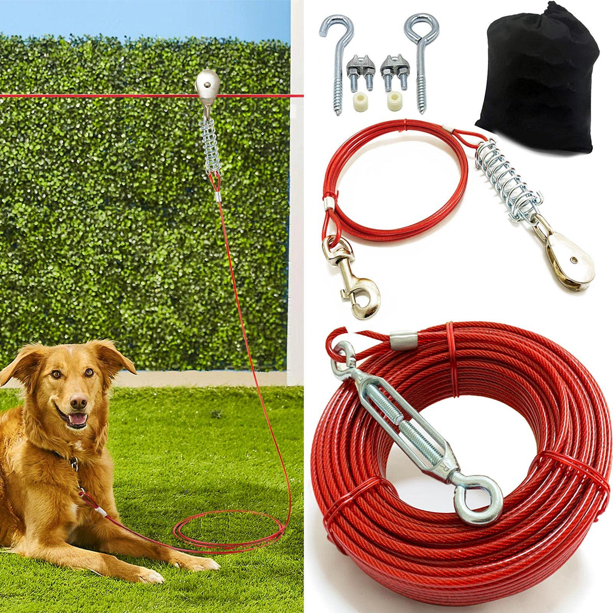 Pestairs dog tie out runner 100ft cable in a sunlit yard for safe roaming.