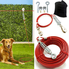 Pestairs dog tie out runner 100ft cable in a sunlit yard for safe roaming.