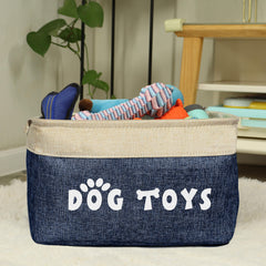 PET ARTIST dog toy basket navy blue full of toys adds organized charm.