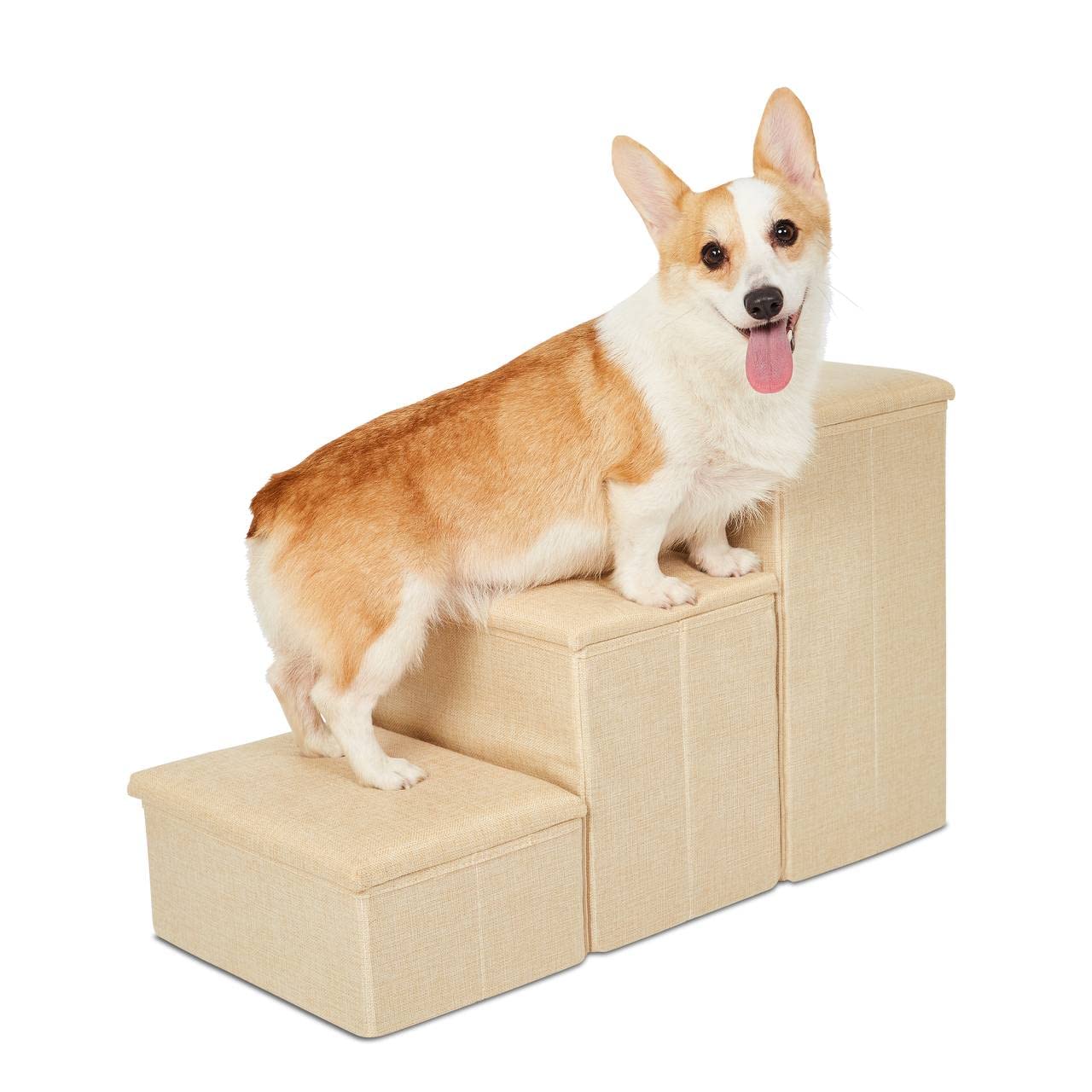 PET AWESOME Dog Stairs with storage lid open, ideal for stashing toys and treats.