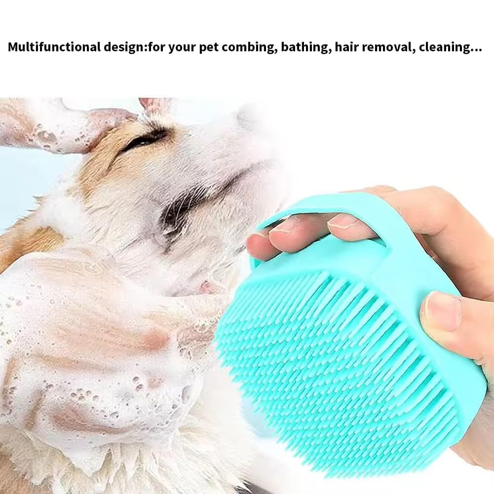 Pet Bath Massage Brush keeps bath time tidy with one-fill squeeze scrub action