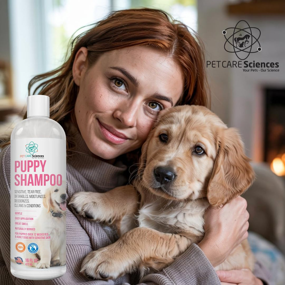 PET CARE Sciences tearless-puppy-shampoo application foam demonstrates gentle cleansing