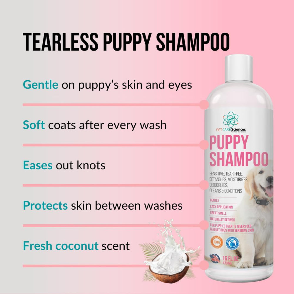 PET CARE Sciences tearless puppy shampoo coat nourishment for a soft coat.