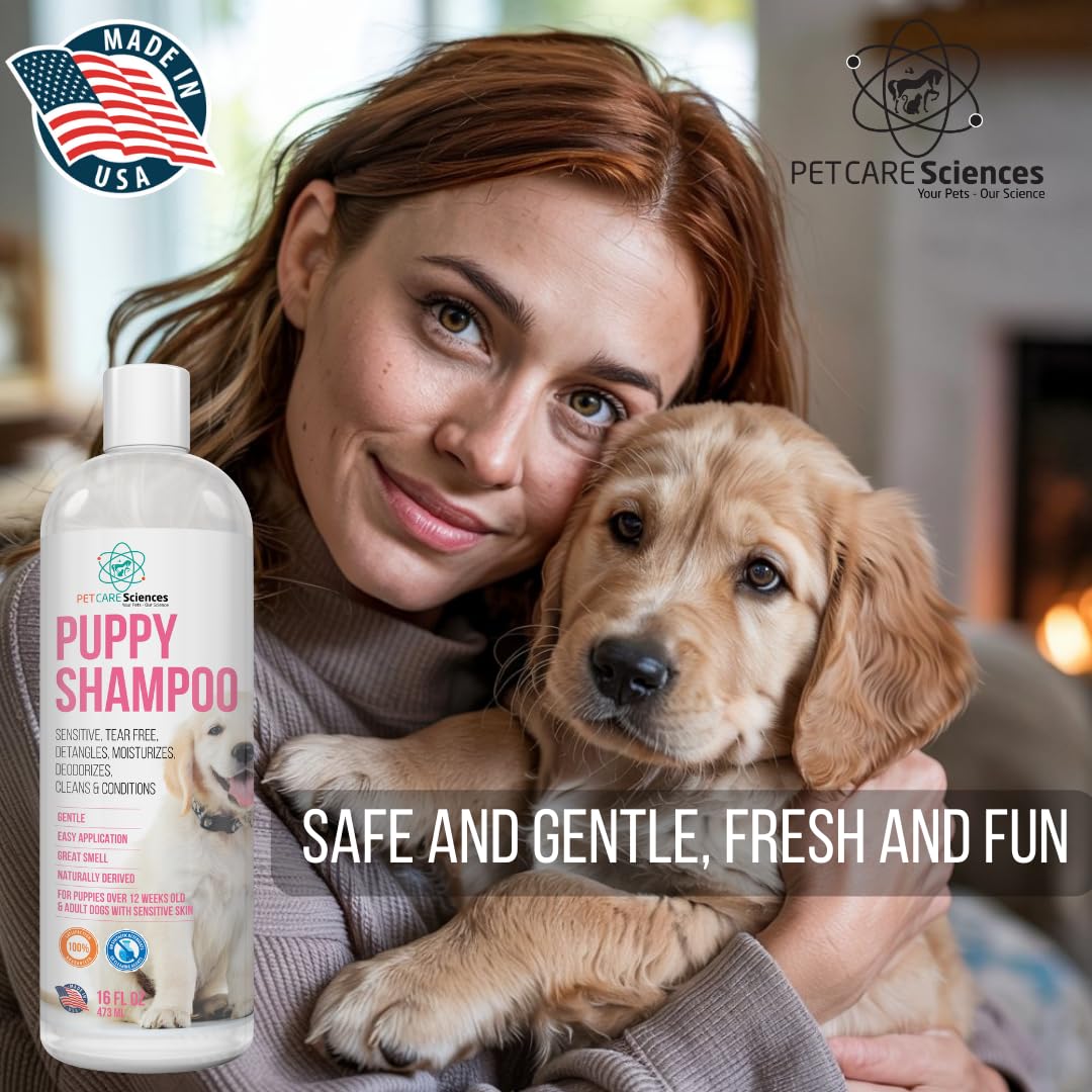PET CARE Sciences tearless puppy shampoo foaming lather demonstrates easy application.