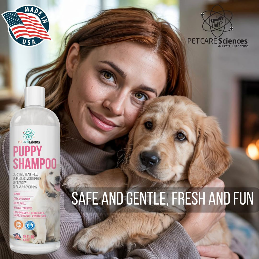 PET CARE Sciences tearless puppy shampoo foaming lather demonstrates easy application.