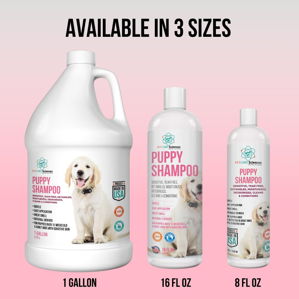 PET CARE Sciences tearless puppy shampoo hypoallergenic formula supports gentle baths.
