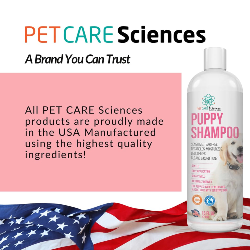 PET CARE Sciences USA-made puppy shampoo bottle emphasizes professional-grade care at home.