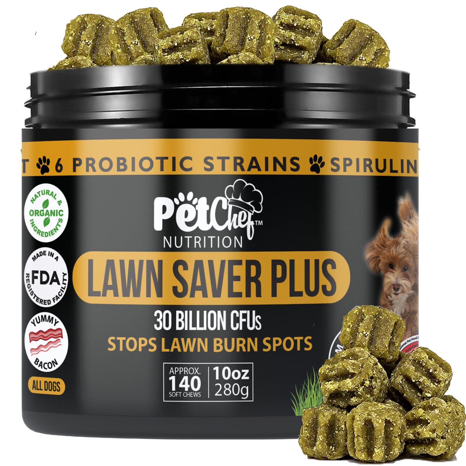 Pet Chef Dog Urine Neutralizer jar closeup showing protective lawn formula.