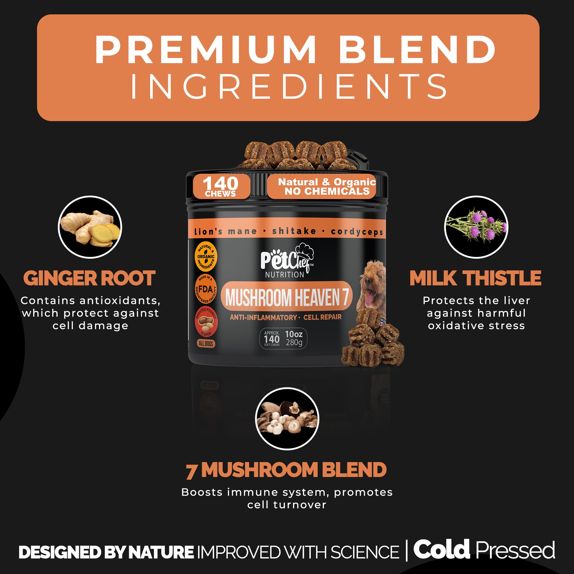 Pet Chef Nutrition chaga-mushroom for dogs provides antioxidant-rich support