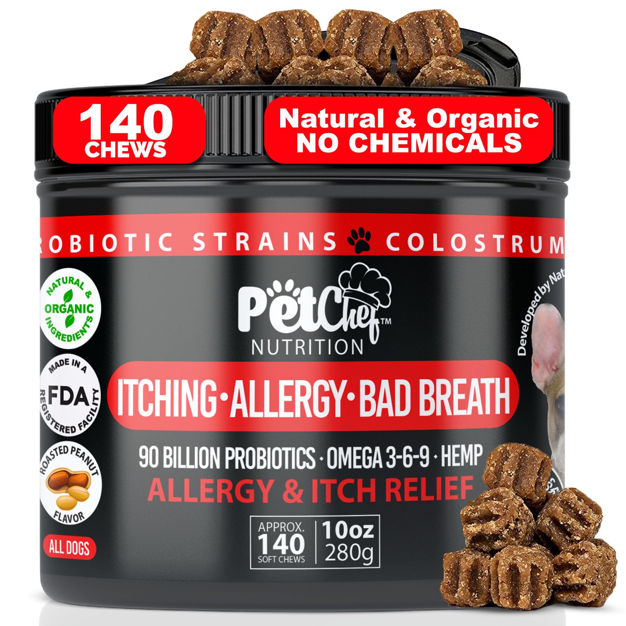 Pet Chef Nutrition dog allergy chews packaging highlights natural ingredients for itchy skin support