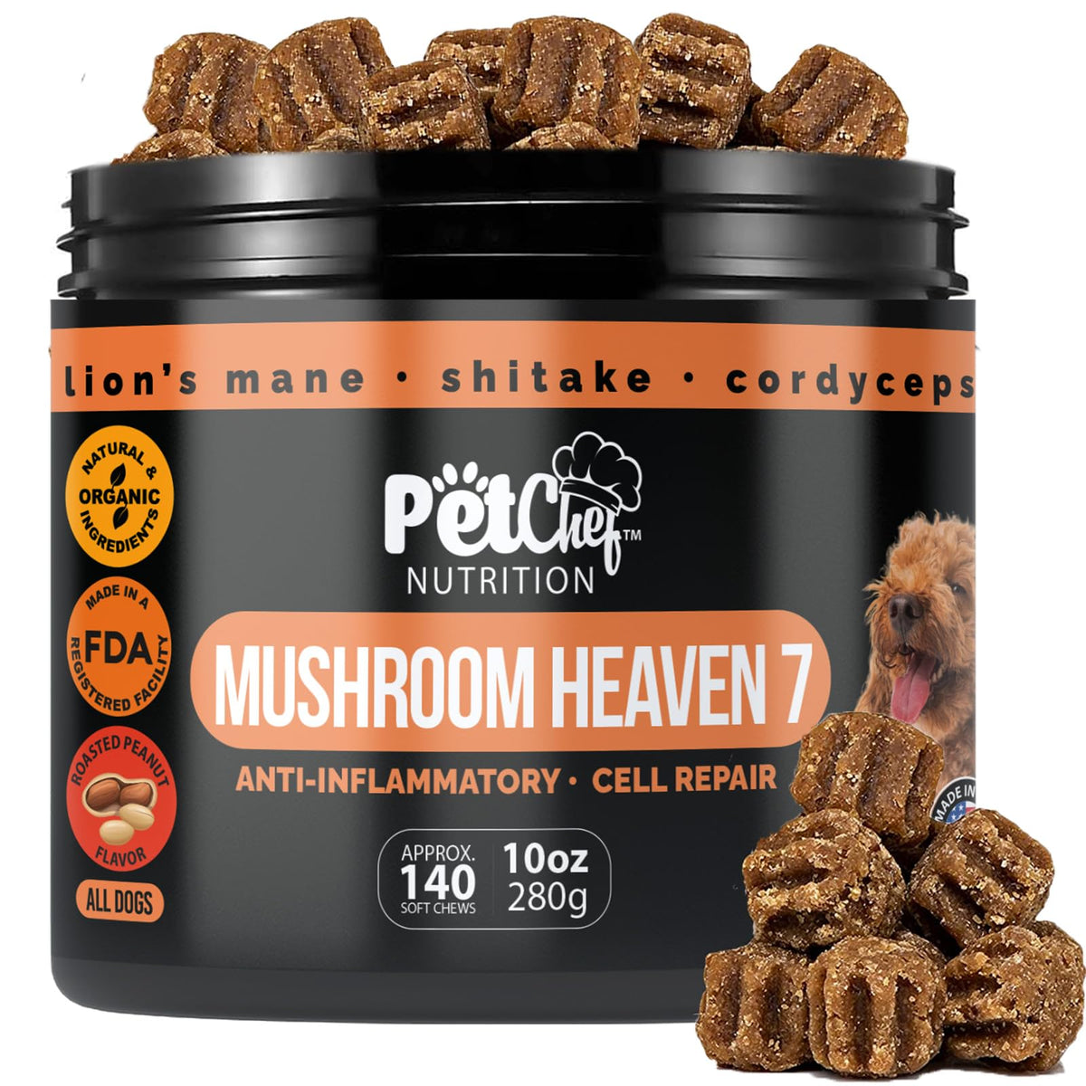 Pet Chef Nutrition Premium Mushrooms jar highlighting the product for daily canine wellness