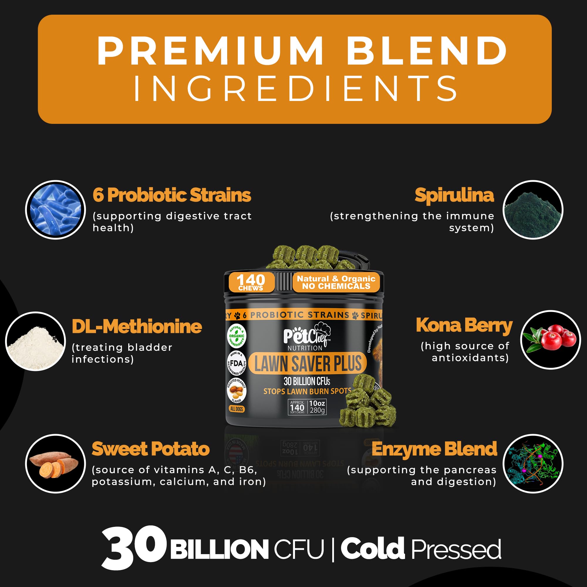 Pet Chef Nutrition probiotic blend supports digestive health with 30B CFUs per chew.