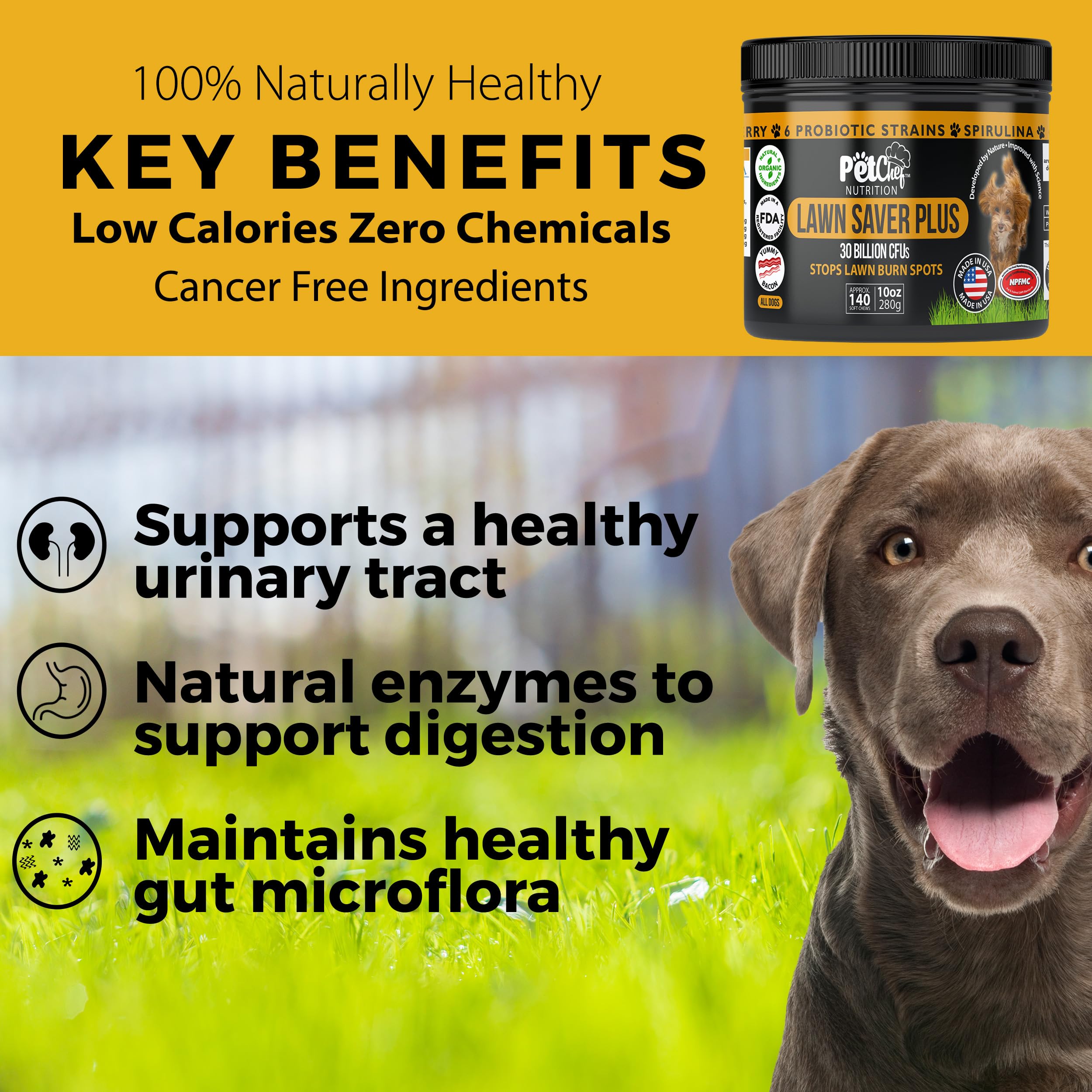 Pet Chef Sweet Potato vitamins image emphasizes skin, coat, and eye support.